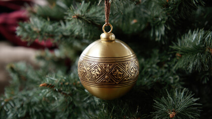 A brass Christmas ornament with detailed engraved patterns hanging from a tree branch in warm festive lighting