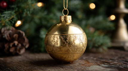 Engraved gold bauble with ornate floral pattern resting on a rustic wooden surface