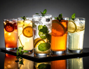 A row of five refreshing iced drinks served in clear glasses with citrus slices and mint leaves. Captured with strong backlighting to highlight clarity, condensation, and vibrant amber tones. Perfect 