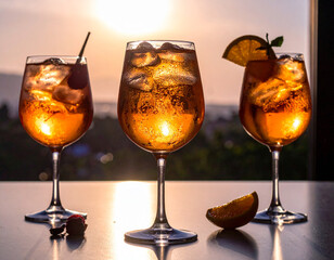 Three elegant golden cocktails in tall glasses, decorated with citrus slices and ice cubes. Captured using side and back lighting to emphasize clarity, reflections, and a warm, luxurious atmosphere. I