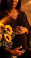 An elegant pregnant Black woman in a black dress holds sunflowers, her skin glowing in warm golden light. A beautiful portrait of motherhood, new life, and radiant joy