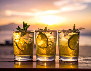 Three glasses of iced lemon drinks arranged outdoors with warm sunset tones. The citrus slices, ice cubes, and clear glasses emphasize freshness and hydration. Perfect for summer, healthy drink, and b