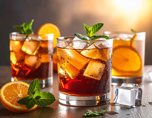 A glass of iced lemon tea with visible lemon slices, ice cubes, and mint garnish. Shot in warm sunset lighting to highlight clarity, freshness, and vibrant amber color. Suitable for beverage ads, summ