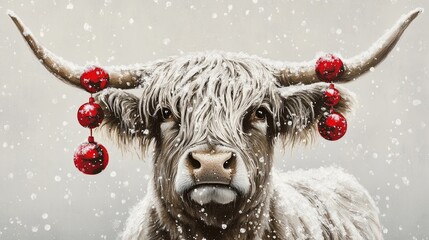 Highland cow with red ornaments on horns and snowy background .
