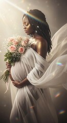 An ethereal Black woman with glowing skin and dreadlocks cradles her pregnant belly, holding a rose bouquet. A divine, magical portrait of motherhood and new beginnings
