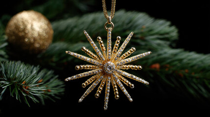 Elegant gold starburst ornament sparkling with crystals against a dark festive background