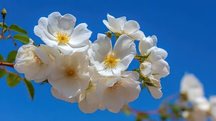 Close Up Of White Flowers Against A Clear Blue Sky