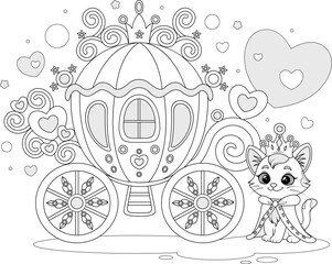 Royal cat with princess carriage, coloring page for kids