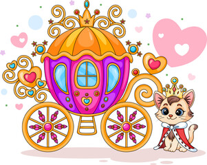 Royal cat with fairytale princess carriage, cute cartoon illustration