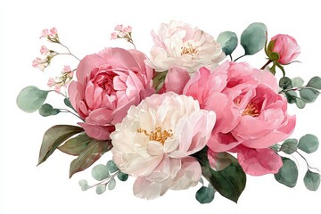 Floral Arrangement of Pink and White Peonies with Green Eucalyptus Against a White Background for Spring Decor