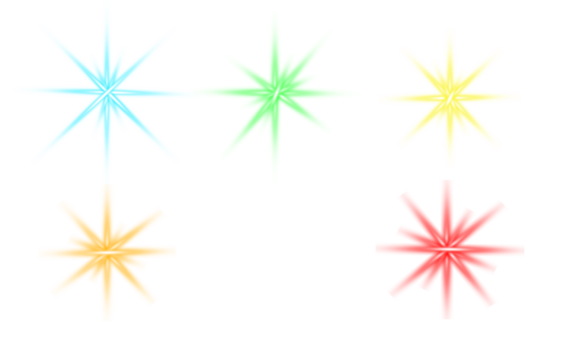 Collection of Star Burst Glowing Light Effects in Blue Green Yellow Orange White and Red on Transparent Grid Light Effects