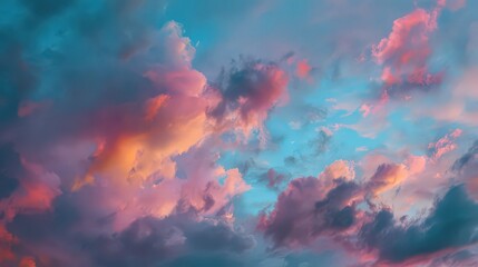 Dramatic Sky with Pink Orange and Blue Clouds during Sunset, Beautiful Atmospheric Scenery with Soft Light and Cloudscape Details