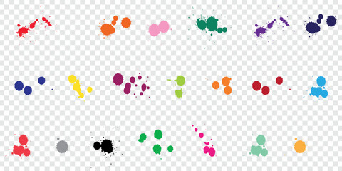 Color paint splatter.Spray paint blot element.Colorful ink stains mess.Colorful paint splatters.Watercolor spots in raw and paint splashes collection,Color ink splashes. Grunge splatters.