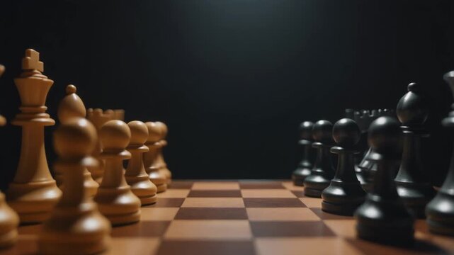 Dramatic chess board scene showing wooden white and black chess pieces positioned for battle on checkered board against dark teal background. Perfect for strategy, competition, confrontation, and busi