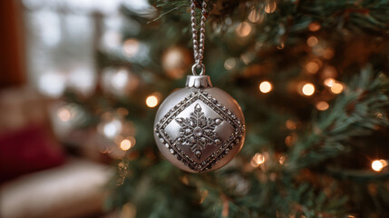 Shiny silver Christmas ornament with intricate snowflake design hanging on a festive tree with warm holiday lights