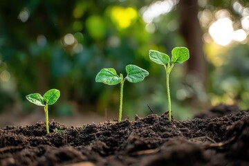 Emerging Green Sprouts with Fresh Leaves in Sunlight Against Blurry Green Background