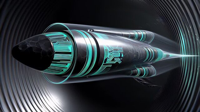 Futuristic silver projectile transforming into a high-speed data capsule with neon cyan circuitry in a dark 3D animation, illustrating rapid technology concepts.