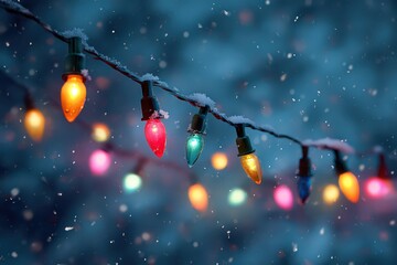 Festive Christmas String Lights in Snowy Blue Winter Background with Bokeh Effect and Falling Snow