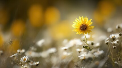 Isolated Yellow Flower Amongst White Blossoms in Natural Sunlight