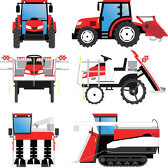正面、横から見たトラクター、田植え機、コンバイン（農業機械）