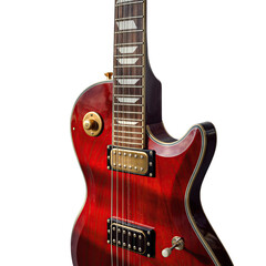 Close up of a shiny red electric guitar with gold hardware and white inlays against a black background showcasing its detailed craftsmanship and vibrant color