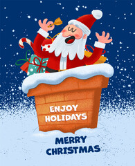 Santa Claus delivers gifts from the fireplace