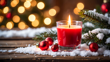 Red Votive Candle with Snow and Christmas Ornaments on Rustic Winter Background