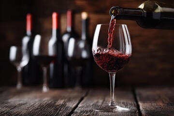 Pouring Red Wine From Bottle Into Glass With Bottles on Wood Table Against Wooden Wall in Dim Setting