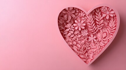 Pink Heart Shadow with Floral Paper Cutout Design on Pink Textured Background