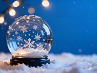 Magical Snow globe with falling snowflakes and bokeh lights, text space