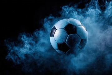 Soccer Ball Surrounded By Abstract Blue Particles Against Black Background