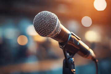 Silver Microphone on Stand with Blurred Bokeh Background in Warm Lighting Perfect for Public Speaking or Performance Events in Concert Hall