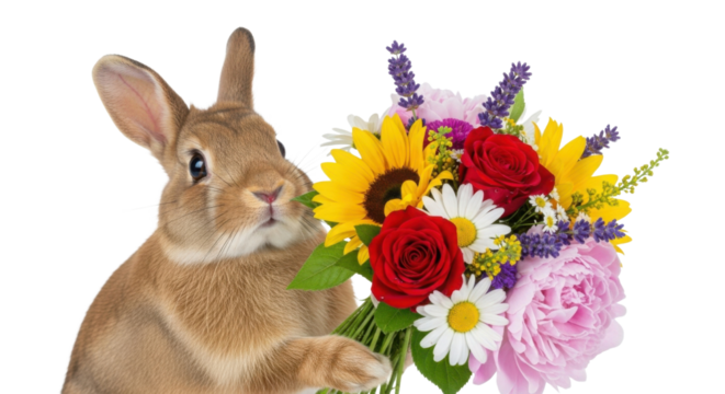 Cute brown rabbit holding a colorful bouquet of flowers on white background