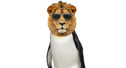 Lion head on a penguin body wearing sunglasses isolated PNG with Transparent Background