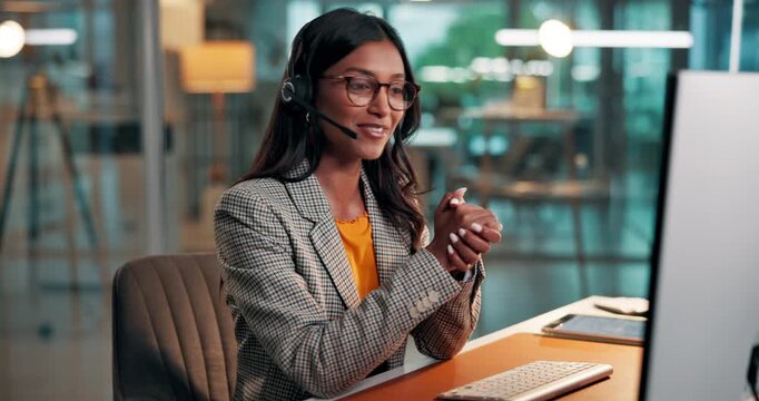 Woman, headset and telemarketing with computer, happy and communication for sales, offer and online. Call center, talking and Indian person with tech for lead generation, services and consultation