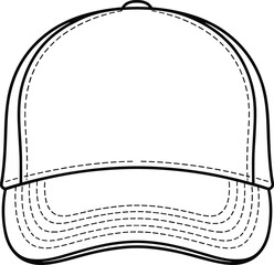 Baseball cap technical fashion sketch, detailed stitching design, apparel template, sportswear accessory blueprint, cad drawing flat vector illustration, front view