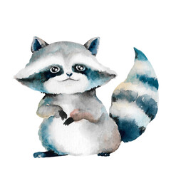 Raccoon cartoon black and white forest animal, hand-drawn watercolor illustration, isolated on white. Bright clip art for children's games and educational activities, travel, nature, and eco-design