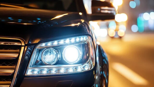 Video A close-up shot of a car's headlights shining bright on a busy city street