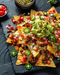 Delicious Loaded Nachos with Melted Cheese, Guacamole, Jalapeños, and Fresh Vegetables