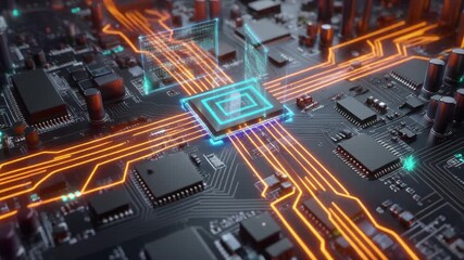 Digital circuit board with glowing orange lines representing data flow and a central processing unit at the heart of the technology - Powered by Adobe