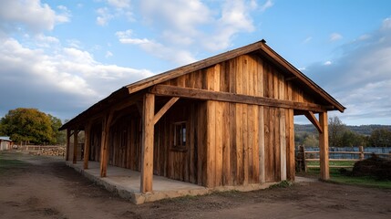 A rustic wooden barn with a covered porch and exposed support beams under a cloudy sky