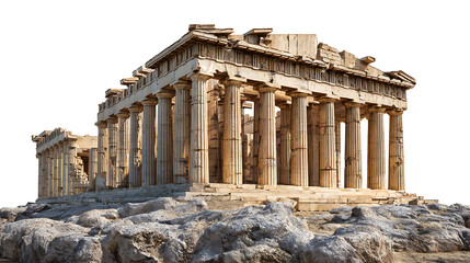 Obraz premium Ancient Greek temple with weathered stone columns and rocky foundation parthenon