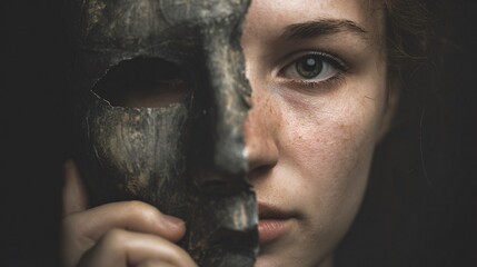 Woman holding a weathered mask beside her face, revealing one intense eye