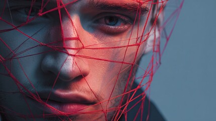 Moody closeup of a young man wrapped in a web of red threads and blue light