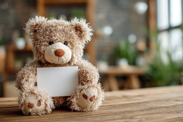 Obraz premium Cute Plush Teddy Bear Holding a Blank White Card or a Smooth White Gift Box indoors, presented in a warm home-setting atmosphere, styled like a soft sentimental gift moment with gentle lighting, cozy 