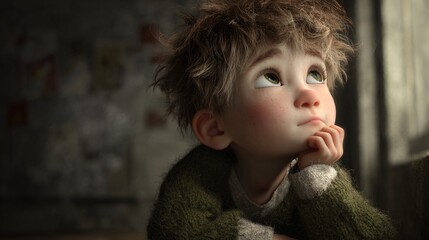 Thoughtful 3D boy in a cozy sweater looking up with a questioning expression