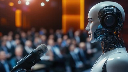Video A robot addressing an audience with a microphone, great for presentations, conferences, or technology-themed s