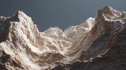 Alien rocky landscape of jagged stone peaks fading into a dark mysterious void