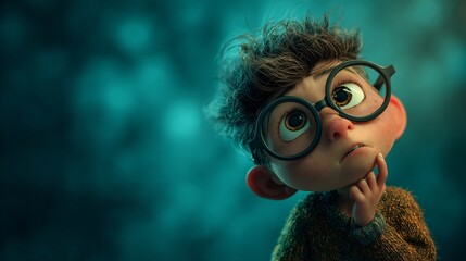 Curious boy in big glasses thinking with a glowing question mark