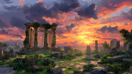 Ancient ruins bathed in dramatic sunset light stone columns overgrown vegetation